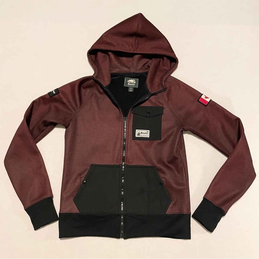 Roots Canada Vancouver Patch Tech Fleece Full Zip Hoodie Burgundy Black Small